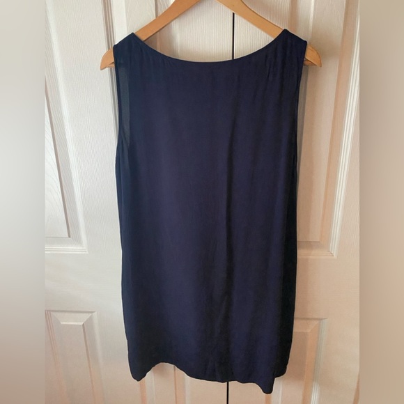 EILEEN FISHER Navy Blue 100% Silk Georgette Crepe Ballet Neck Tank Tunic L - Picture 2 of 6